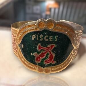 Vintage Brass Hand Painted PISCES Zodiac Cuff Astrology Bracelet